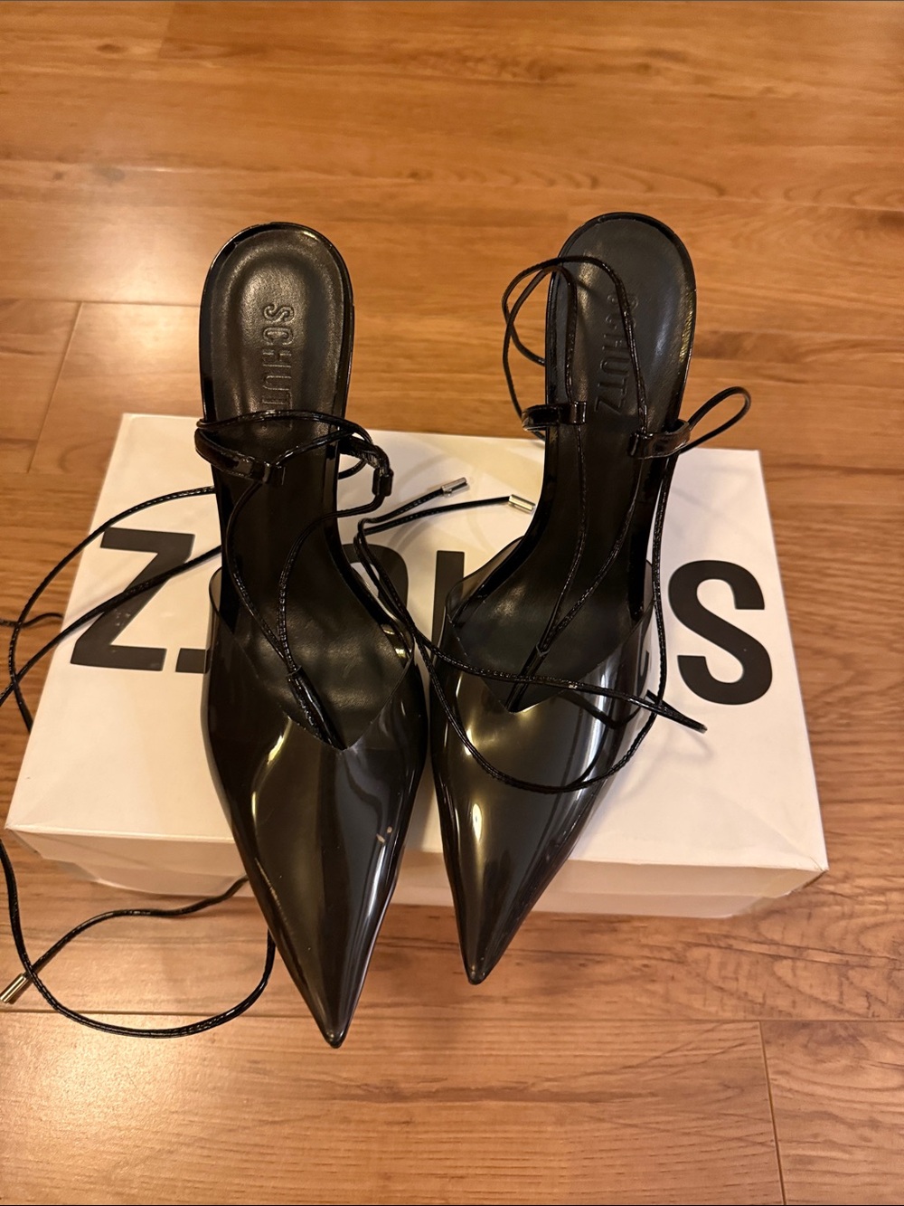 SCHUTZ Black Clear Pointed Lace-Up Heels